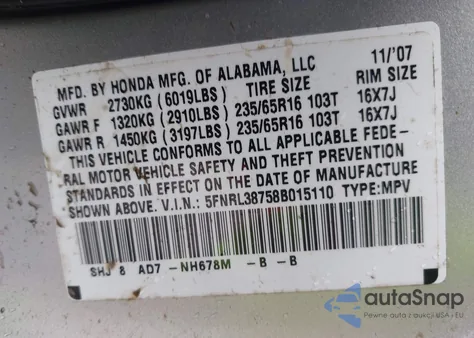 2008 Honda Odyssey Ex-L from USA, damaged, VIN 5FNRL38758B015110